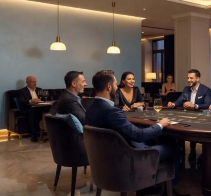 Modern Budapesti éjszakák enteriőr elegáns asztalokkal és esti hangulattal.