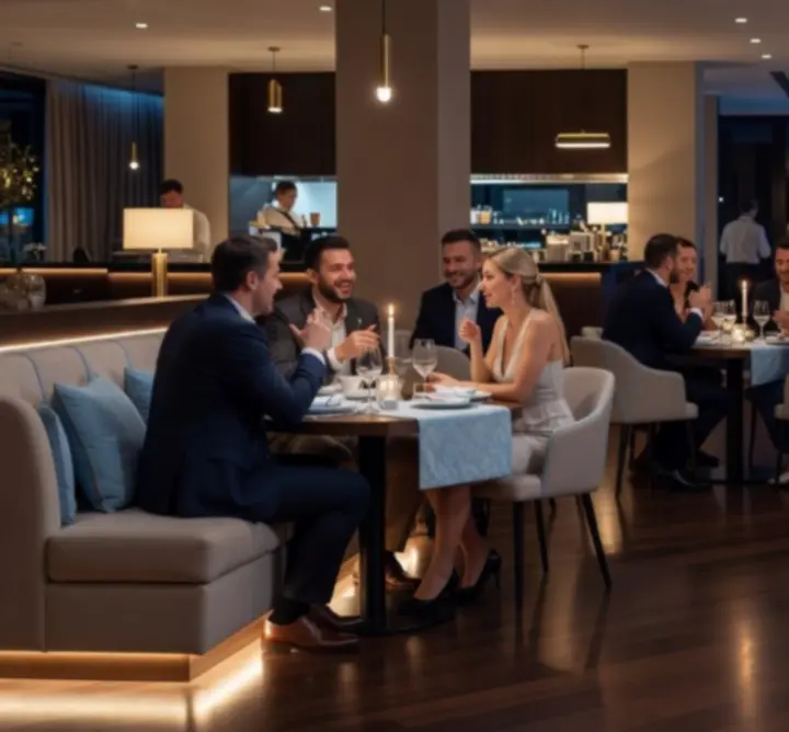 Elegáns privát parti a Budapesti éjszakák-nál, ahol a vendégek modern környezetben társalognak.