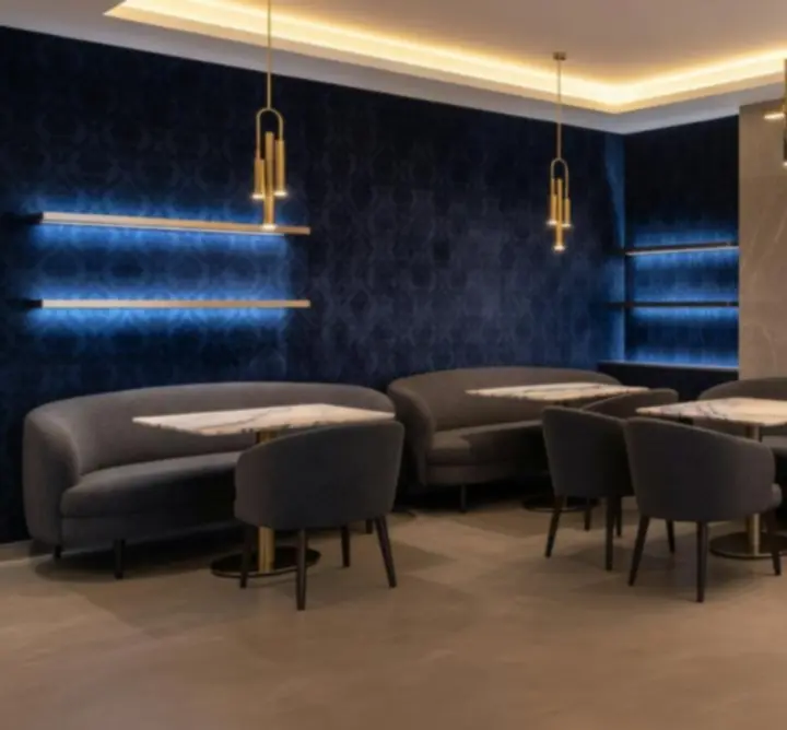 Budapesti éjszakák belső design modern vonalakkal és kék akcentusokkal
